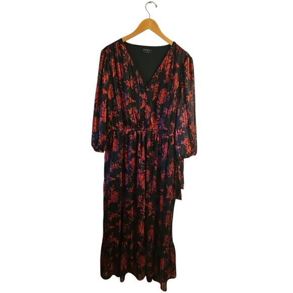 Lane Bryant red black floral Romantic 3/4-Sleeve Button-Down Maxi Dress sz 16 - Picture 4 of 10